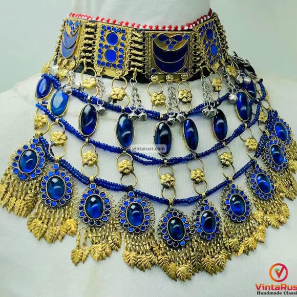 Blue Choker Necklace, Handmade Afghan Tribal Choker Necklace, Statement Boho - Picture 2 of 9